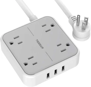 Flat Plug Power Strip with Multi Outlet 3 USB Port 5FT Extension Cord - Picture 1 of 5