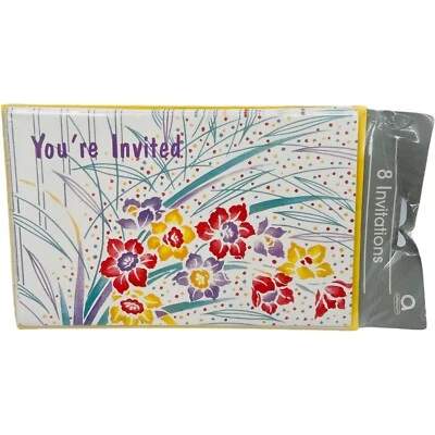 Vintage 8 Party Invitations Envelopes Floral You’re Invited Amscan Yellow Green - Image 1 of 4