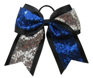 NEW "FANCY SEQUIN Blue & Silver" Cheer Bow Pony Tail Ribbon Hair Cheerleading - Picture 1 of 1