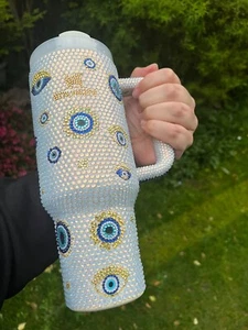 Weißer Opal Evil Eye Stanley Löscher Becher Tasse 40 Unzen Strohhalm Deckel - Bild 1 von 4