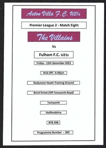 ASTON VILLA U21s v FULHAM U21s 15.12.23 PREMIER LEAGUE 2 MATCH PROGRAMME - Picture 1 of 3