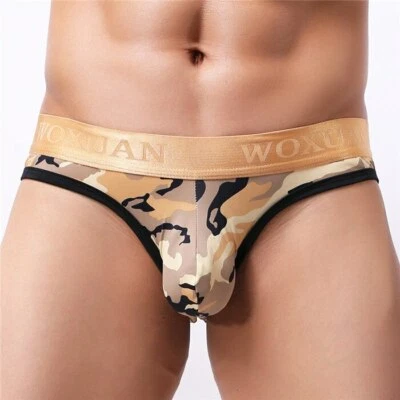 Ropa interior para hombre tiro bajo pierna alta calzoncillos pantalones cortos bolsa convexa camuflaje estampado Foto 1 de 4