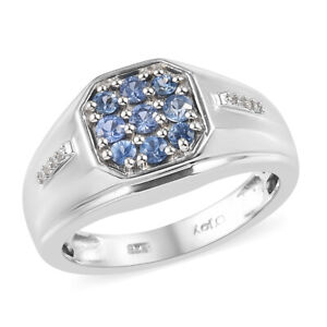 **Ceylon Blue Sapphire & Zircon Men's Ring in Platinum Over 925 SS, Size 13