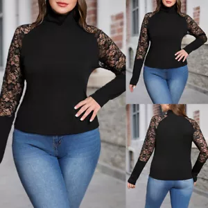 Women Roll Neck Lace Long Sleeve Top Ladies Bodycon Slim T-Shirt Blouse Pullover - Picture 1 of 15