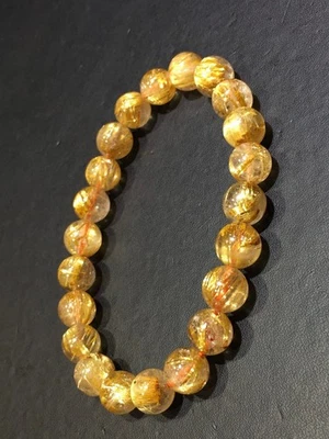 8.5mm Natural Gold Rutilated Quartz Stretch Crystal Beads Bracelet AAAA - Image 1 of 4