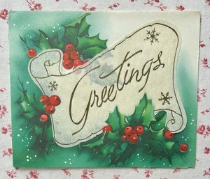 Vintage UNUSED MCM Christmas Greetings Holly Leaves and Berries Greeting Card - Picture 1 of 6