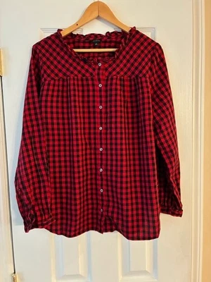 Talbots Women's Black Red Plaid Cotton Long Sleeve Button Ruffle Collar Shirt L - Image 1 of 4