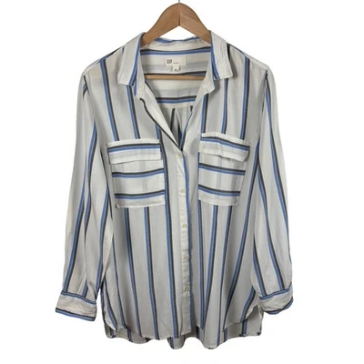 GAP бойфренд подходит в полоску рубашка на пуговицах женщин L белый синий серый дедушка - Изображение 1 из 4