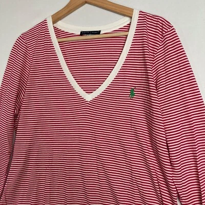Camisa Ralph Lauren Para Mujer Suave Roja Rayas Manga Larga Cuello en V Verde Poni L Foto 1 de 4