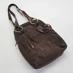 Suede Leather Handbag Small Purse Handmade Tote Bag Zip Brown Distressed Vtg - Picture 1 of 13