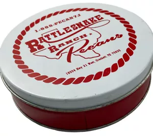 Contenitore di latta pubblicitario RattleSnake Ranch Pecans Crockett Texas rosso bianco vintage - Foto 1 di 14
