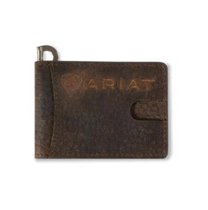 ¡Nuevo! BILLETERA CON CLIP DE DINERO DE CUERO DE TORO Ariat Marrón con redacción y logotipo de Ariat - Imagen 1 de 1