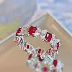 3Ct Emerald Cut Lab Created Red Ruby Women Engagement Ring 14K White Gold Plated - Picture 1 of 5