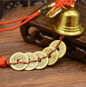 Fortune Copper Bell Five Emperor Coins Lucky Fengshui pendant  - Photo 1 sur 4