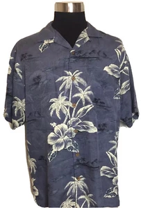 Tommy Bahama Hawaiian Shirt Mens Medium M Blue Floral Palms Silk - Picture 1 of 8