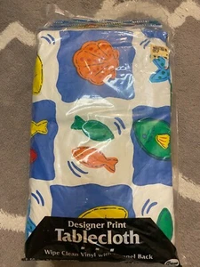 60 X 84 Inch Oblong SUMMER BEACH OCEAN Designer Print Tablecloth Flannel Back - Picture 1 of 2