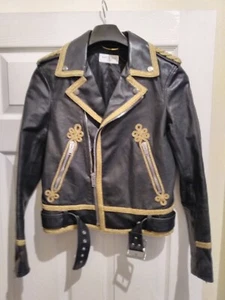 SAINT LAURENT VINTAGE WOMENS GOLD EMBROIDERED OFFICER BIKER LEATHER JACKET - Picture 1 of 10