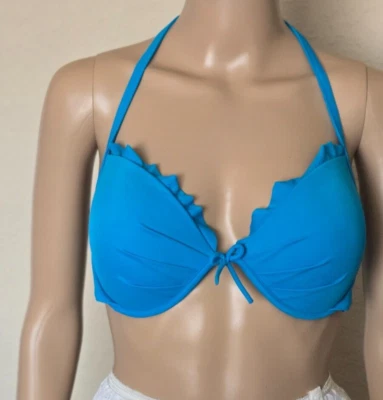 Victoria's Secret Fabulous Push Up Bikini Top Azul Volantes Halter Talla 36D Foto 1 de 4