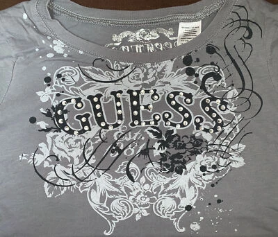 GUESS T-SHIRT GIRLS SIZE XL 16  GRAFITTI SHIMMERING GRAY SUPER CUTE!! - Image 1 of 4