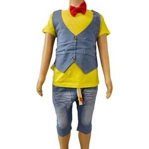 18-24M Baby Boys Blue, Yellow, Red BowTie Shorts and Tshirt Faux Suit 2pcs Set - Picture 1 of 7