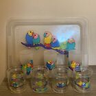 Vintage Set of 6 Parrot Clear Plastic Cups And A Plastic Tray Made In Taiwan