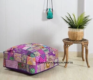 Square Embroidered Cotton Patchwork Vintage Indian Footstool Bohemian Pouf Cover - Picture 1 of 6