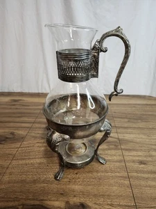 Vintage Silver Plated glass Coffee Tea Carafe Pot With Metal Warmer Stand - Picture 1 of 10