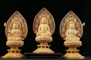 Chinesische 3 Stck. Zypressenholz handgeschnitzt drei Heilige Buddhismus Statue 桧木.佛教三圣 - Bild 1 von 10