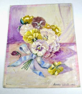 Vintage 1943 Oil Painting On Canvas On Cardboard -- Signed -- Pansies -- 8x10" - Picture 1 of 4