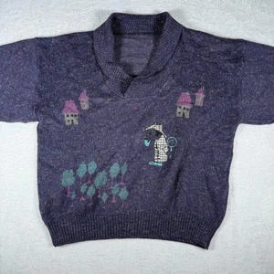 Vintage Italienisches Strick Top L Lila Grafik V-Ausschnitt Kragen Retro 80er 90er - Bild 1 von 9
