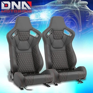 Pair Reclinable Black Vinyl Orange Stitching Racing Seats w/ Bottom Mount Slider - Bild 1 von 8