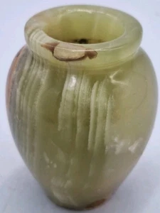 Vtg Handcarved Onyx Green/brown Marbled 4" Vase Gift - Picture 1 of 10