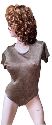 NINA AUSTIN Vintage 80s Disco Era Metallic Bronze Gold BODYSUIT Top Size Large - Image 1 of 4