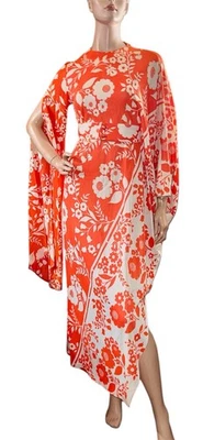 Maxi Vestido Vintage 1960-70 Sexy Kimono de Una Manga Artístico Naranja Floral Fiesta S Foto 1 de 4