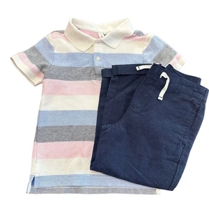 Janie & Jack Outfit Set Boys 4 XS Blue Linen Pants Striped Cotton Polo Summer - Picture 1 of 14