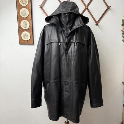 Franklin Allen Vintage Black Leather Hooded Coat Men’s 3X - Image 1 of 4