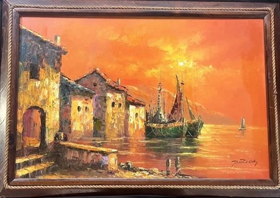 Pabolo Stirrat Vintage Sailboats in Harbor Oil Painting Original - Image 1 of 3