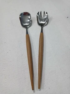 Midcentury Salad Serving Norway Set Teak Handle Fork Spoon MCM 9" - Picture 1 of 7