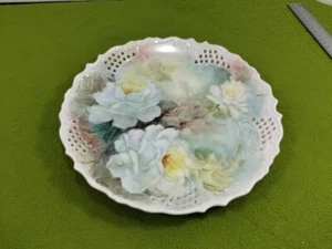Antique Pierced Porcelain Cabinet Plate Hand painted White Roses Blue... - Picture 1 of 9