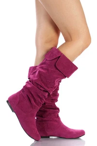Berry Purple Faux Suede Slouchy Knee High Flat Boot Qupid Neo-100xx - Picture 1 of 2