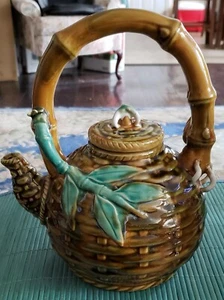 ANTIQUE CA 1910 CHINESE MAJOLICA  SANCAI BAMBOO BASKET WEAVE TEAPOT - Picture 1 of 12