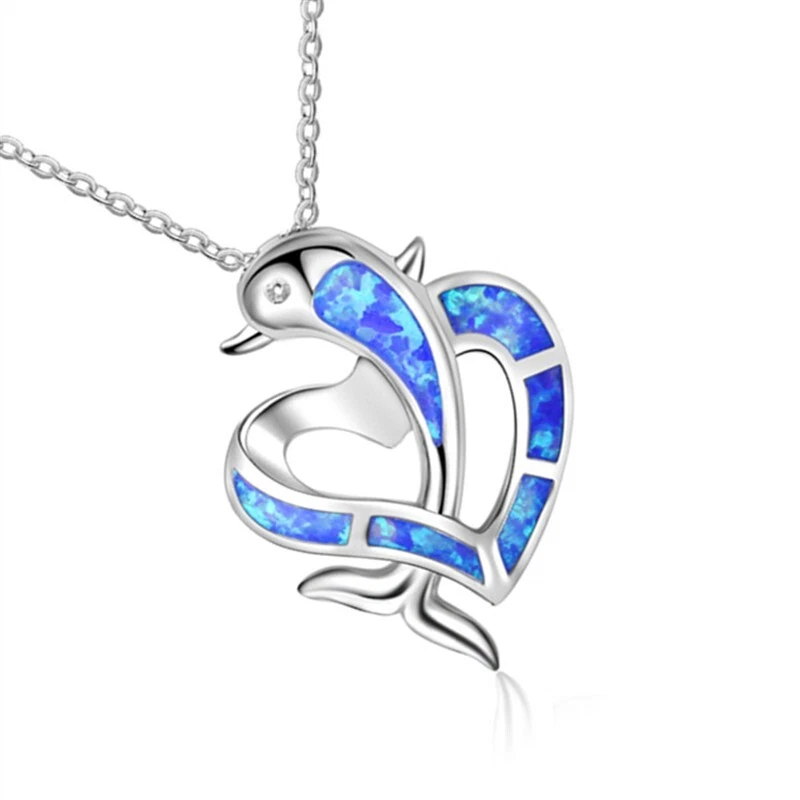 Damen Halskette Anhänger Delfin Herz Silber Blau Zirkonia Geschenk Party Strand - Bild 1 von 1