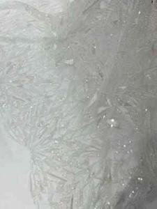 Off White Beaded Fabric By The Yard, Luxury Geometric Design Beads and Sequins - Picture 1 of 4