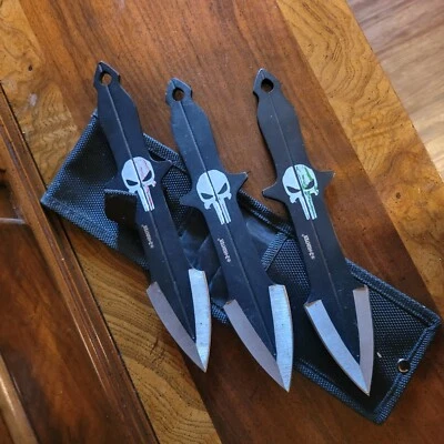 8" 3 PC Z-HUNTER 2 TONE THROWING FULL TANG KNIFE SET WHITE SKULL HANDLE + SHEATH - Image 1 of 3