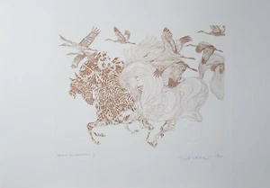 GUILLAUME AZOULAY VINTAGE ETCHING ON PAPER HORSES AND BIRDS HAND SIGNED 1/1 - Picture 1 of 5