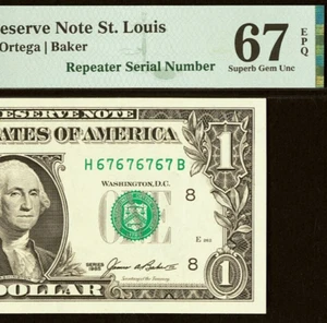 1985 $1 FRN St Louis PMG 67EPQ - Birthday Super Repeater Serial Number 67676767 - Picture 1 of 3
