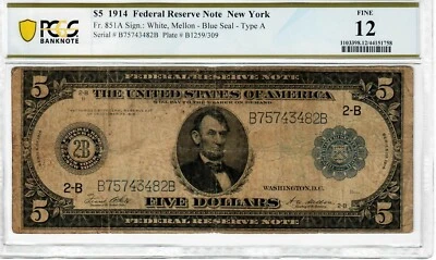 1914 $5 FR.851A New York FRN Federal Reserve Note PCGS F12 Large Size Note 1758 - Image 1 of 2