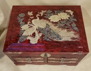 Large Mother of Pearl Inlay Korean Red Lacquer Fish Key Musical Jewelry Box - Picture 1 of 20