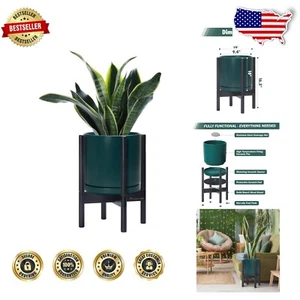 Mid-Century Modern 10 Inch Ceramic Planter with Ebony Stand - Perfect for Plants - Picture 1 of 8