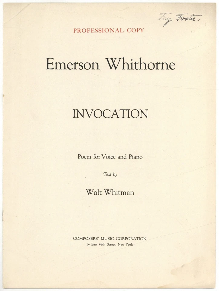 Walt WHITMAN, words by / Sheet music Invocation 1st Edition 1921 - Image 1 of 1